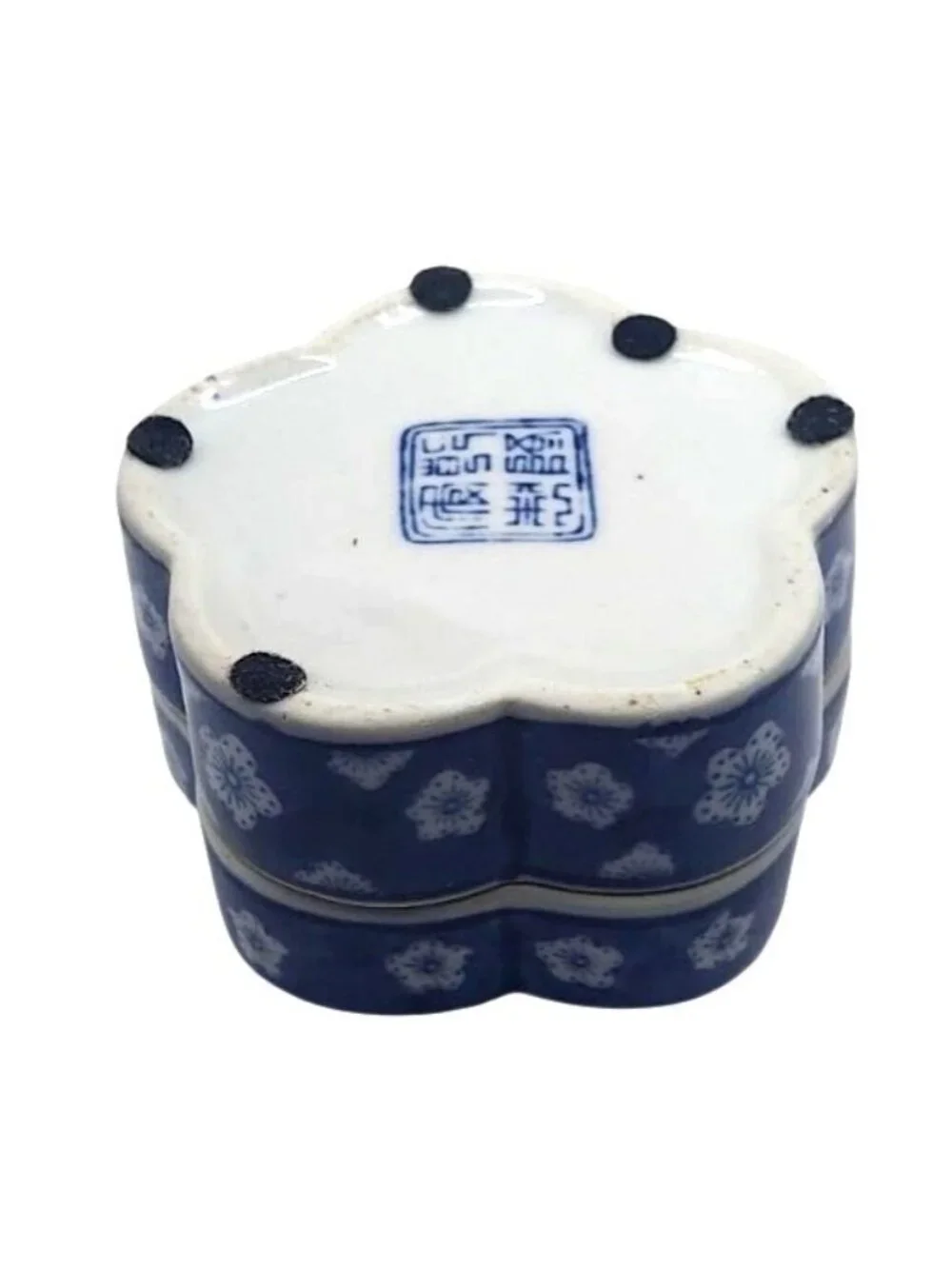 Japanese Porcelain Trinket Dish Plum Blossom Cobalt Blue Floral Kogo Box Vintage